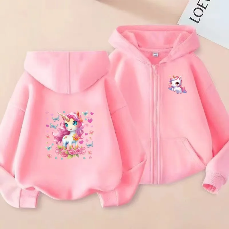 Children's Pretty Girl Pink Gift Charming Unicorn Cardigan Hoodies Kawaii Zipper Style Girls Boy 3-12Yrs Leisure Sweatshirt Coat