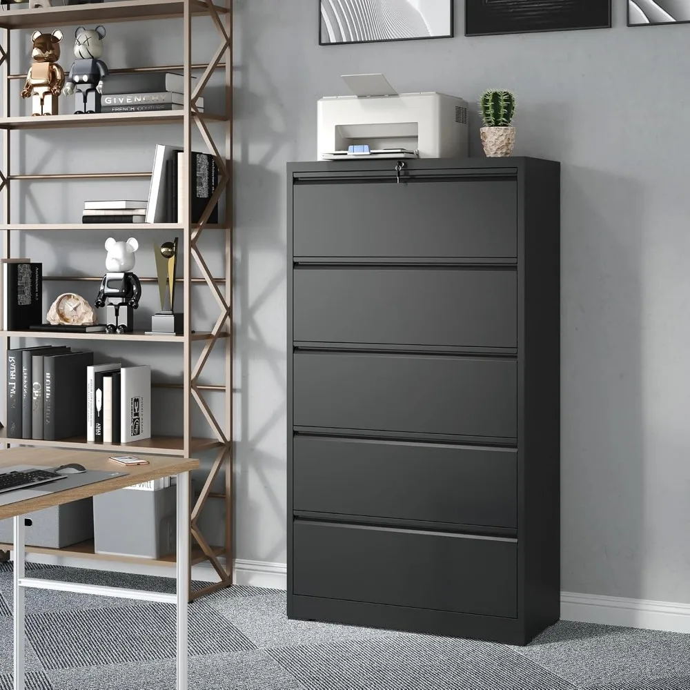 Black Metal 5-Drawer Wide Lateral File Cabinet with Lock for Home Office, Secure Steel Filing Cabinet for Letters and Documents