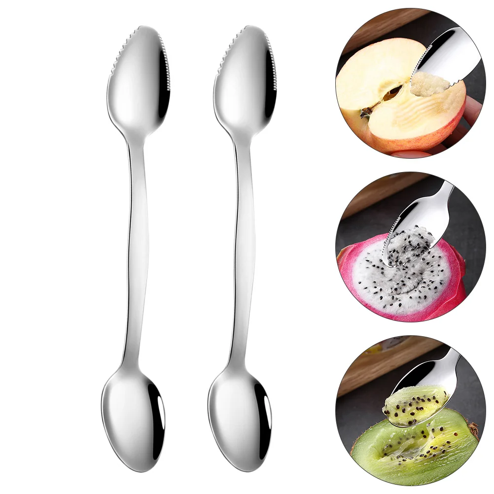 

2Pcs Mud Spoon Spoon Stainless Steel Double ended Planer Serrated Fruit Spoons Kitchen Bar Tools