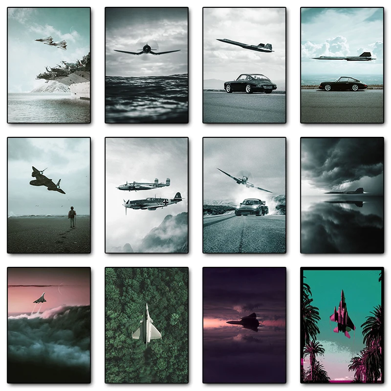 Retro Planes Fighter Jet Military Aircraft Launch Poster Canvas Printing Wall Art Picture for Office Living Room Home Decor Gift