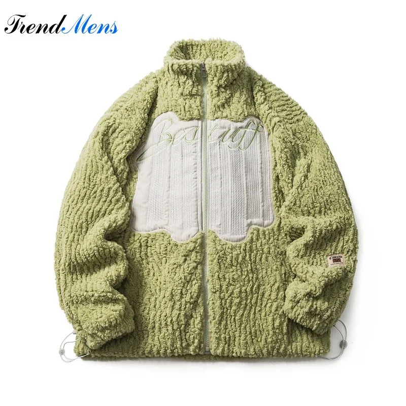 Color Matching Plush Parka Men's Casual Fashionable Loose Fitting Jacket Couple's Street Homestay Retro Coat  Winter Jacket Men