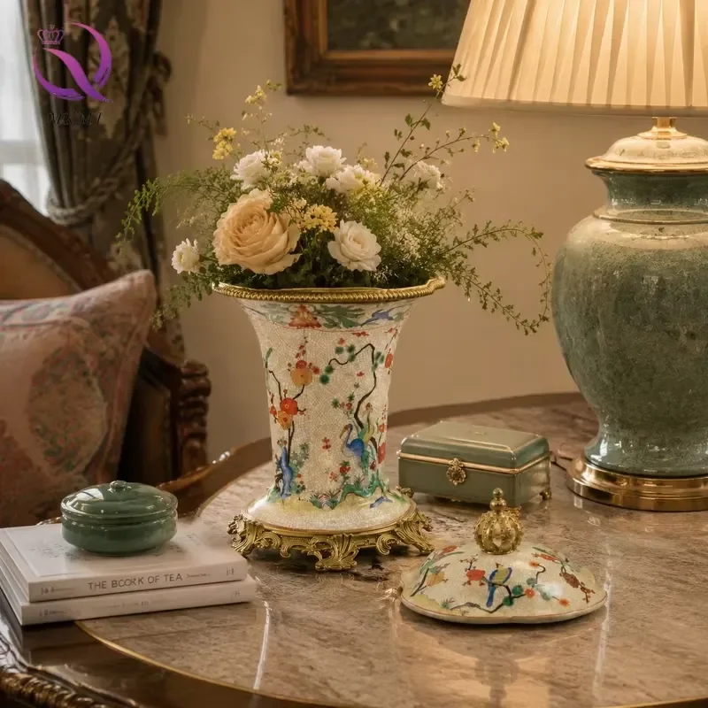 Creative Retro Classic Antique Brass Flower Pot and Porcelain Vase Handmade Tabletop Home Decoration