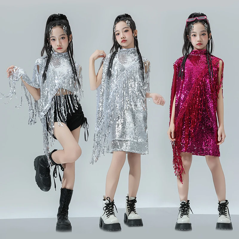 

Kid Jazz Modern Clothing Siver Rose Sequined Strap Dress Tasseled Cape Crop Tank Side Tie Shorts for Girl Dance Costumes Clothes