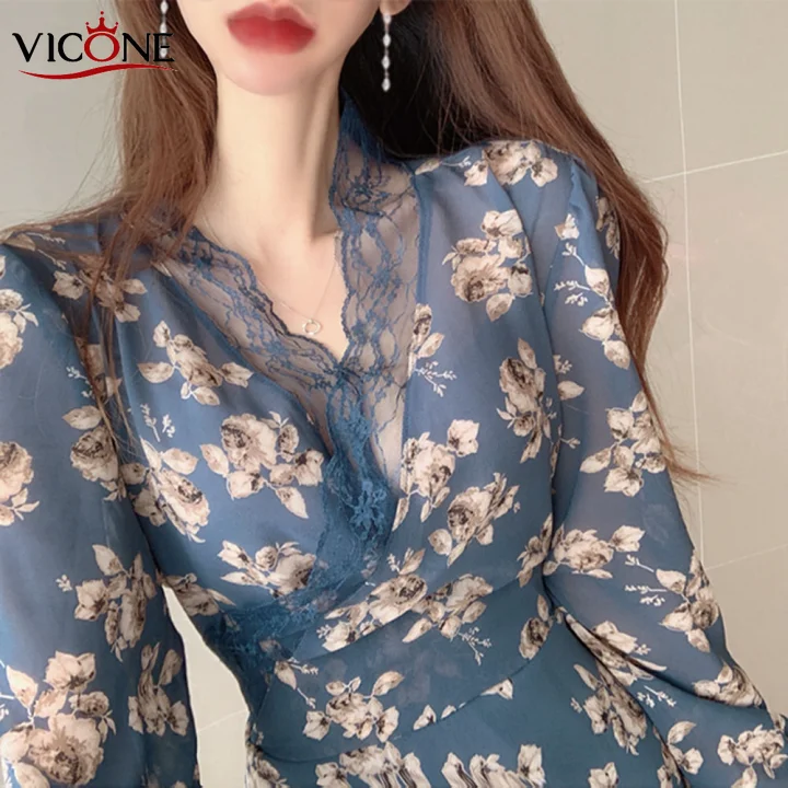 

VICONE South Korea V-neck Sexy Chic French Romantic Lace Chiffon Dress