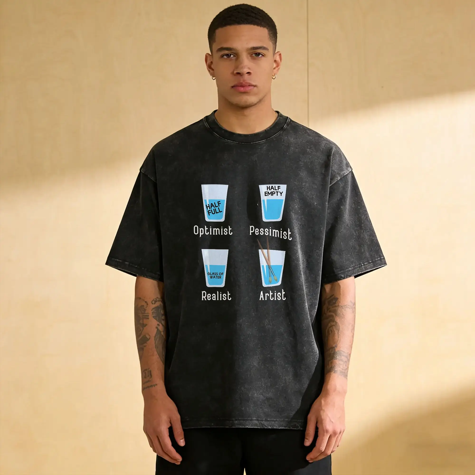 Half-Full Half-Empty Meme Psychology T Shirt Men's  Cotton Hipster T-Shirts Crew Neck  Tee Shirt Short Sleeve Tops Original