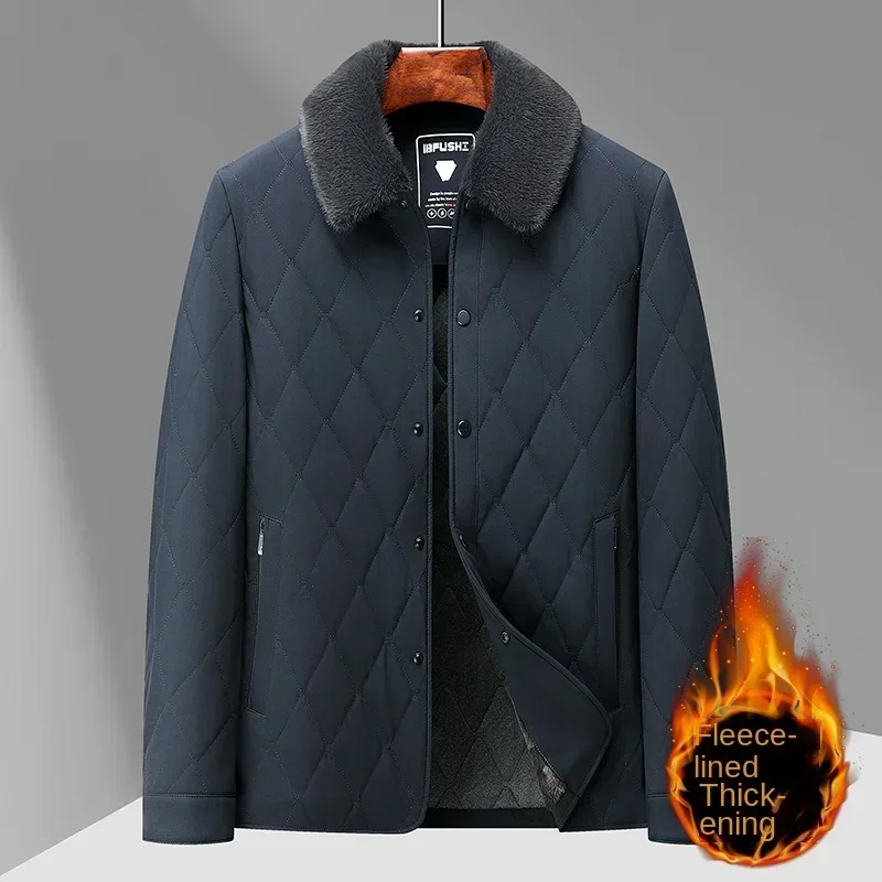 Chaqueta de algodón de seda de morera con Cuello de piel desmontable para hombre, abrigo informal grueso de terciopelo, solapa de invierno, 2024