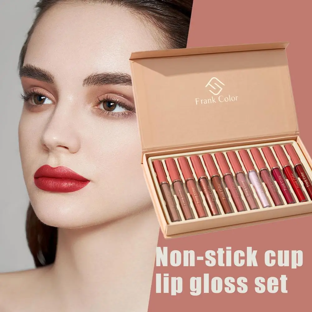 12 個マットリップグレーズセット女性のためのメイクアップノンスティックカップスムーズな長期的な防水保湿口紅ギフトボックスセット E6B2