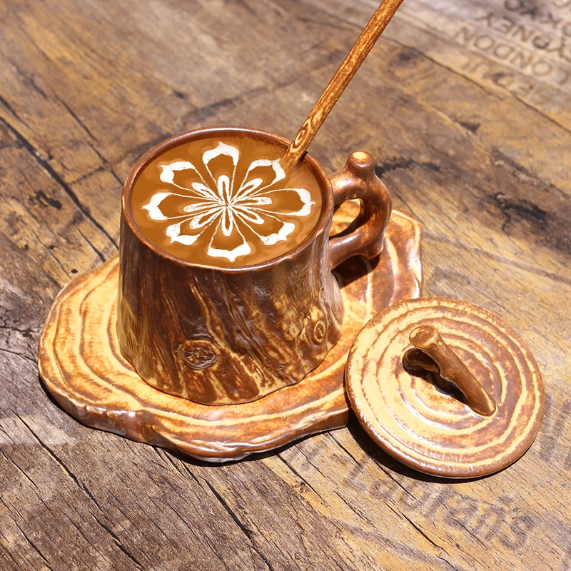 

Handmade Stoneware Ceramics Coffee Mug with Handle Unique Tree Stump Shaped Cup for Pour-Over, Latte Art, Ideal Rustic Gift