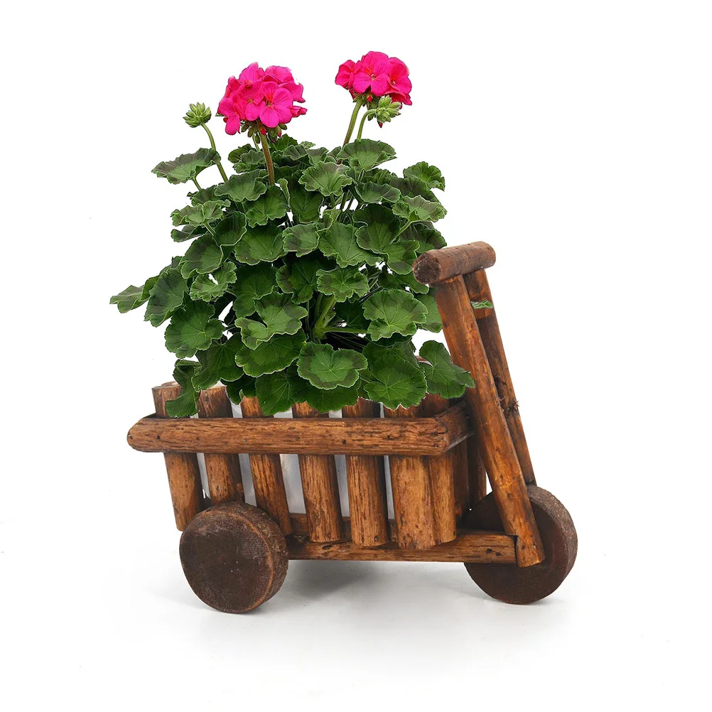 

Wooden Small Cart Flower Pot Brown Vintage Style Decorative Wall Planter Multi-Function Holder Vase Trash Can for Home Garden