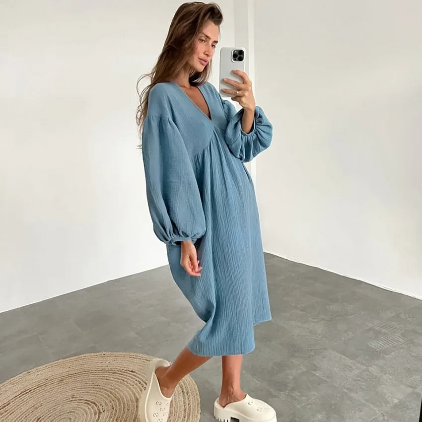 NHKDSASA Lantern Sleeve Night Dress Women Loose Sleepwear 2023 Cotton Nightgowns Elegant Sleepshirts Dresses Casual Pajamas