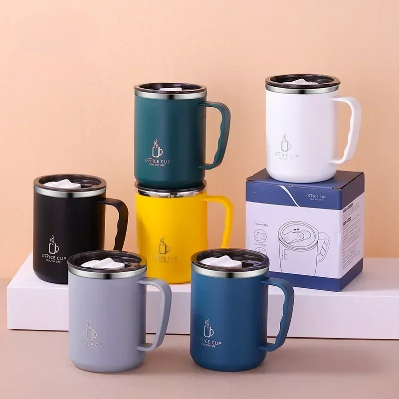 500ml 304 Stainless Steel Water Bottle Double Layers Coffee Mug Milk with Handle and Lid Portable Insulated Cup for Traveling