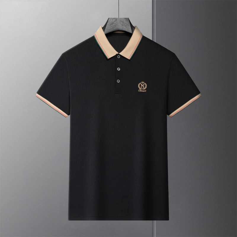 Haut de gamme marque hommes manches courtes polo shirt rayé imprimé revers délicat broderie confortable Casual Businesst - shirt