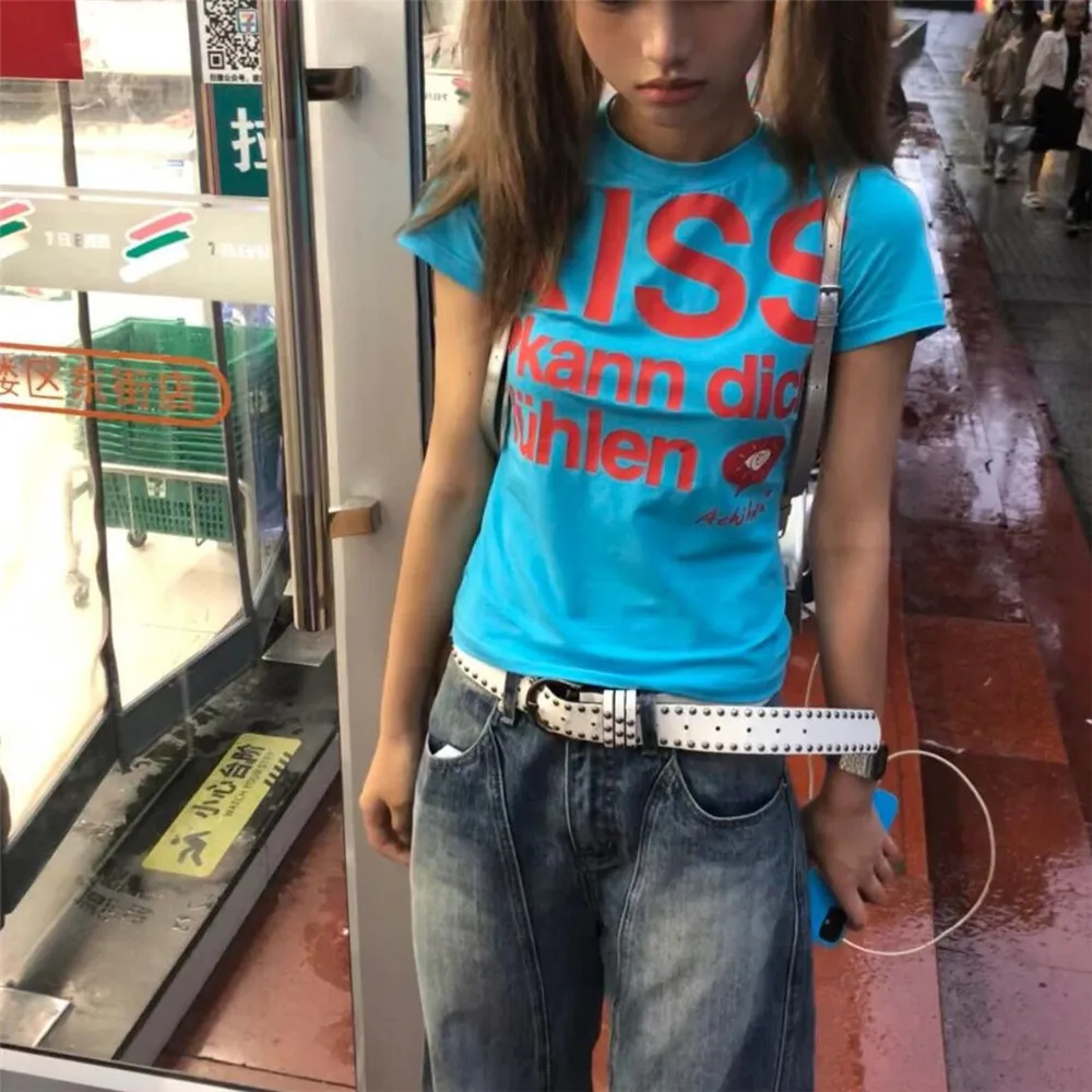 Y2k Letter Print T-shirt American Japanese Retro 90s Fashion 2000s Style Crop Top Vintage Harajuku Short Sleeve Shirt Streetwear