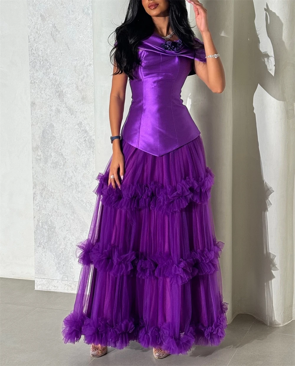 

Customized Exquisite Purple Evening Dress Soft Off the Shoulder Homecoming Dresses Modern Sweep Train Special Occasion Gowns