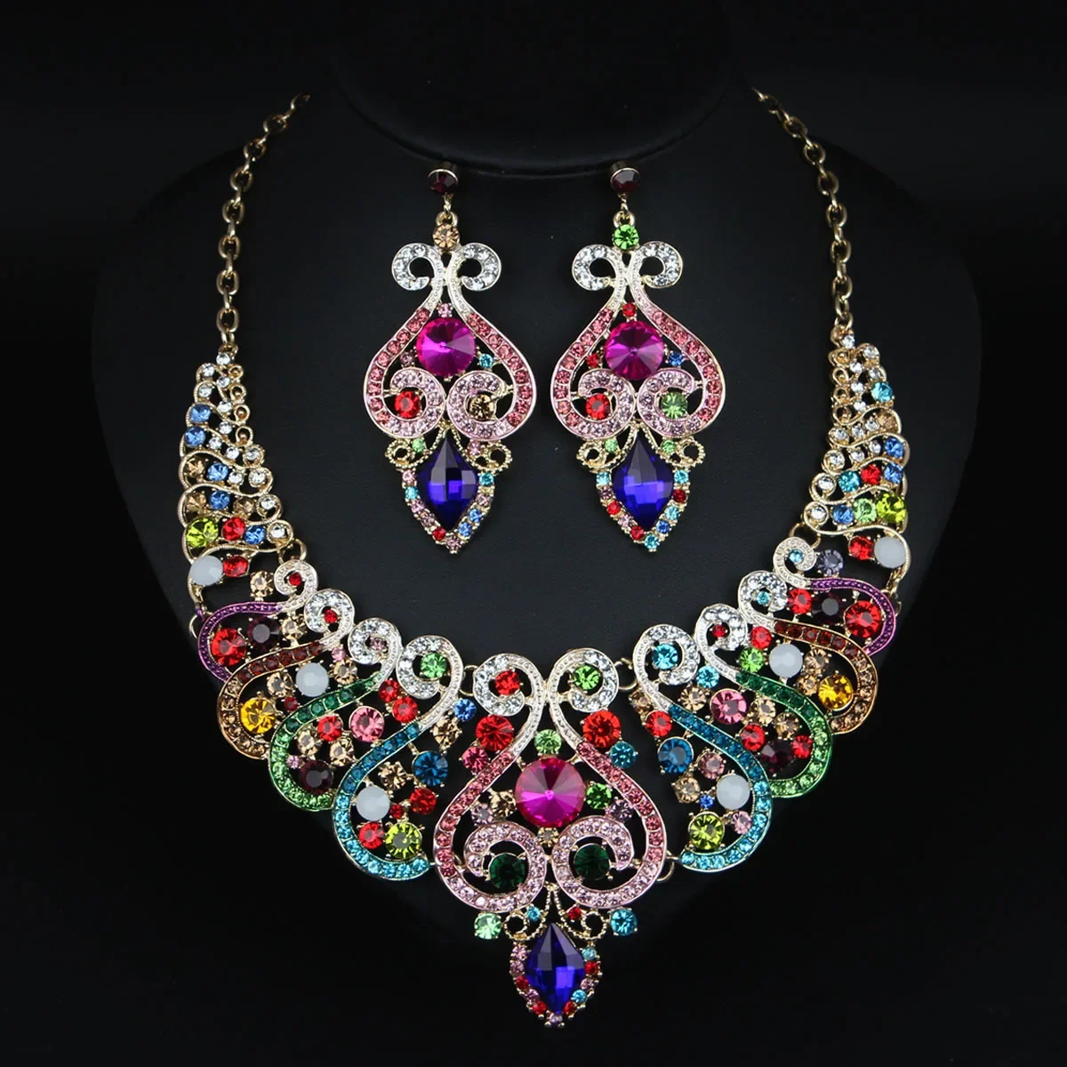 

Luxury Crystal Necklace Earrings Set Full Diamond Handmade Women Wedding Engagement Dress Dinner Bridal Jewelry Sets NK-15207