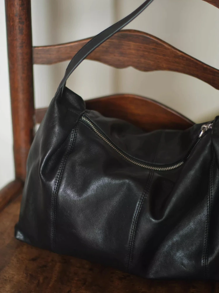 Black Fashion Simple Hobo Bag Women Genuine Leather Bag\Handbag Real Leather Casual Underarm Shoulder Crossbody Commuter Bag