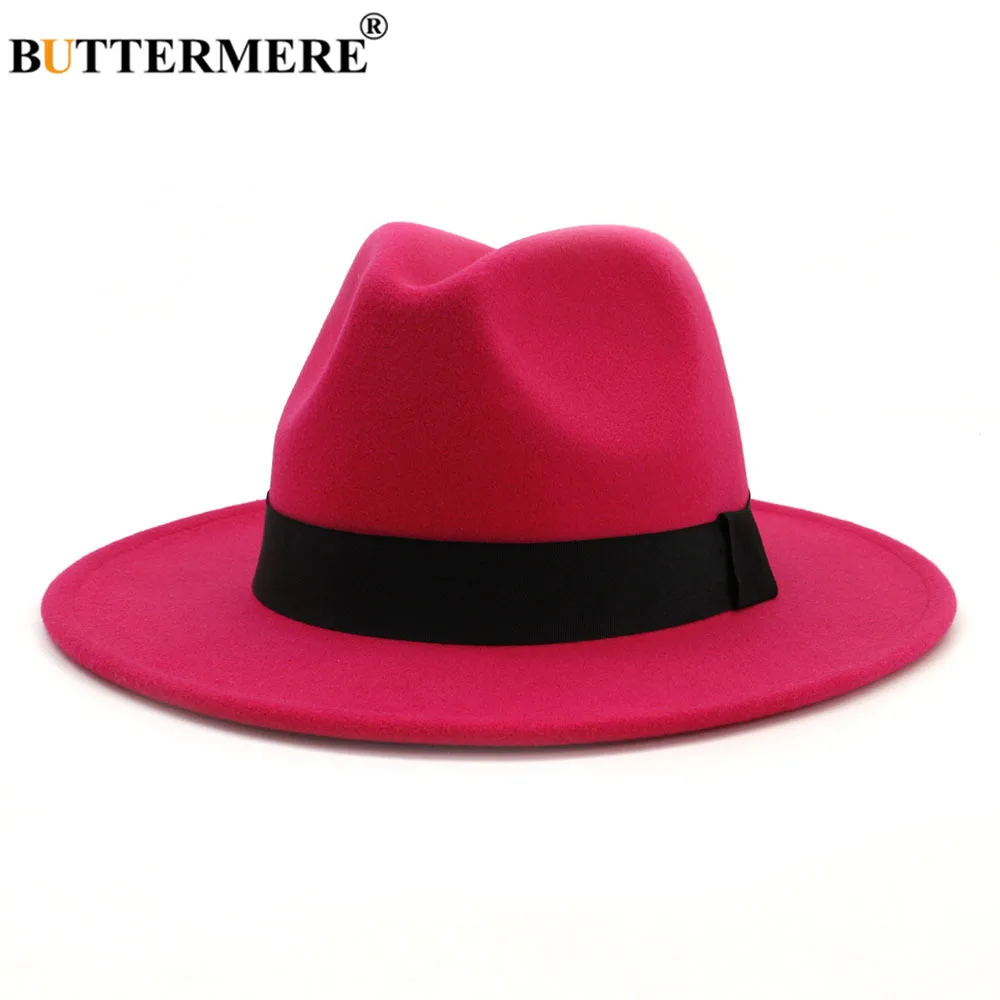 

BUTTERMERE Rose Red Hat Fedora Autumn Winter Hats for Women Men British Syle Jazz Cap Wide Brim Classic Panama Green Navy Hat