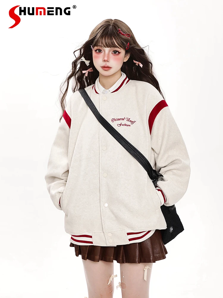 

American Retro Preppy Style Thick Baseball Jacket Letter Embroidery Single-breasted Loose Casual Cotton Padded Coat Women Winter