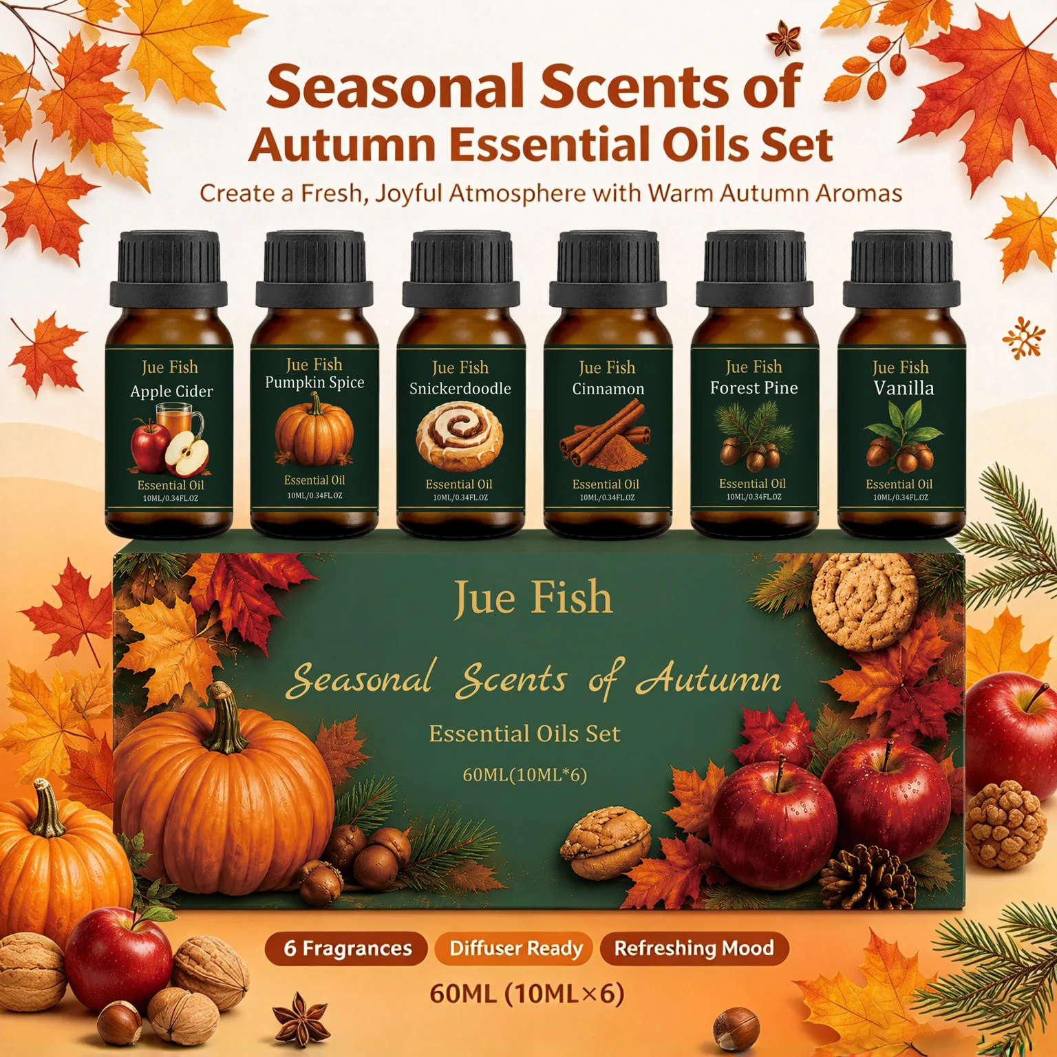 Autumn Essential Oils Set Apple Cider Pumpkin Spice Vanilla Fragrance Oil for Diffuser Humidifier Christmas Aromatherapy Gift