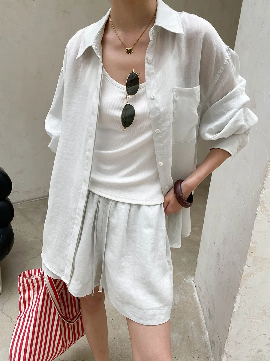 Sommer Damen Casual Einfarbiges Sonnenschutz-Kragen-Langarmshirt mit Kordelzug-Shorts, Lockeres Set – Detail 13