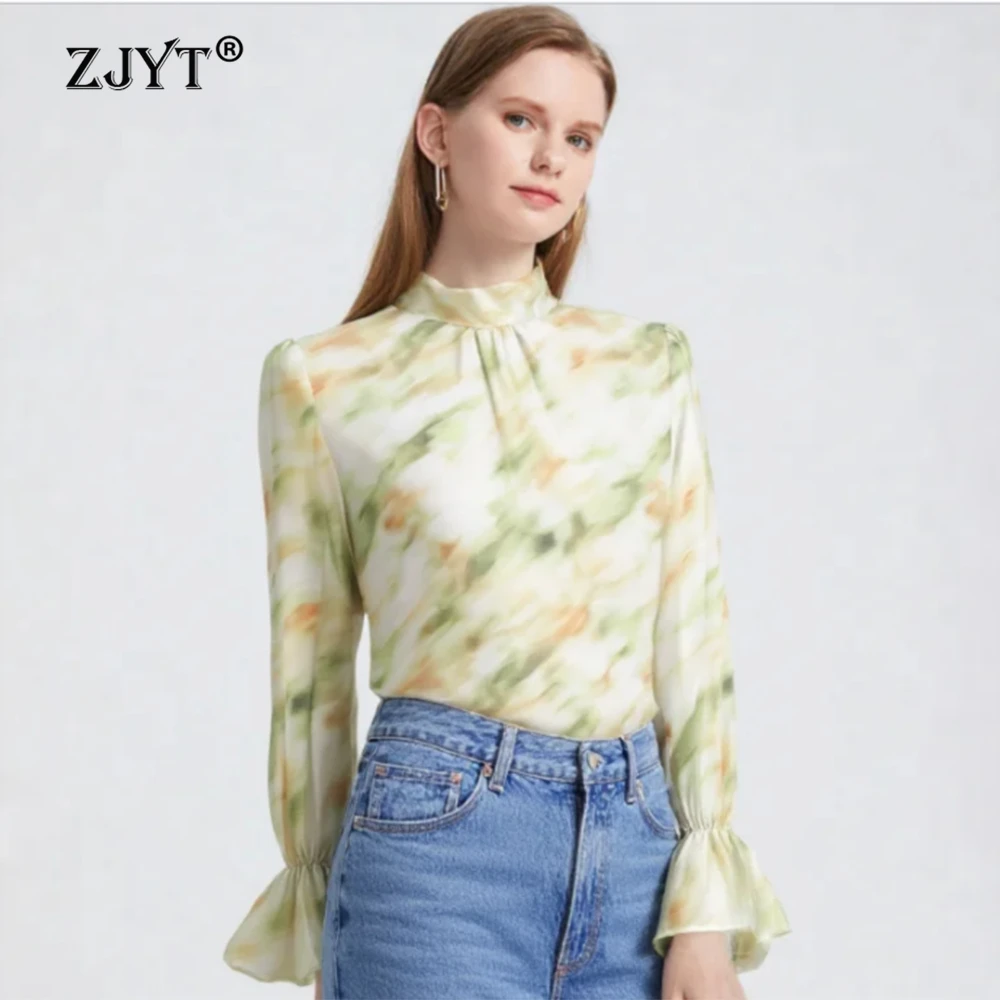 

Женская блузка ZJYT с длинным рукавом, шикарная, элегантная, с принтом, повседневная, для офиса, больших размеров