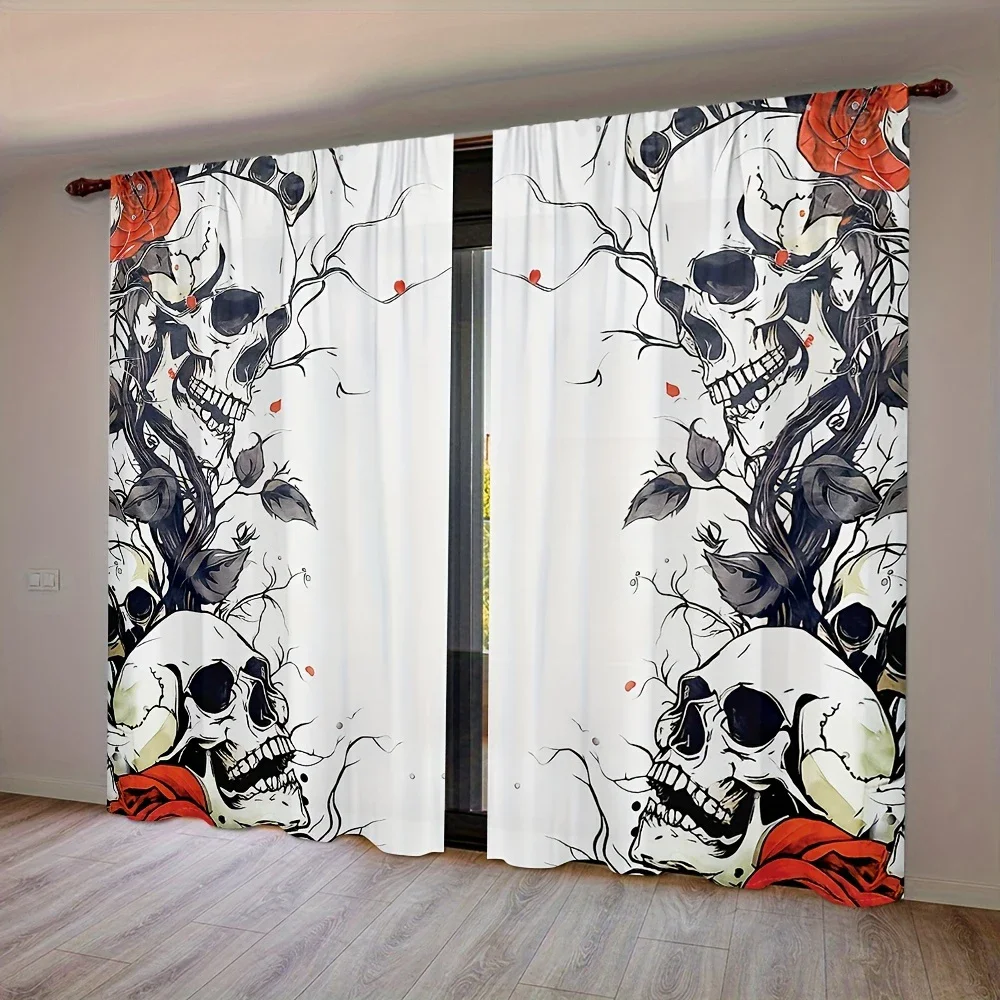 

2pcs- Halloween Gothic style skull rose white background black gray red printed curtains, home decorations, room decorations