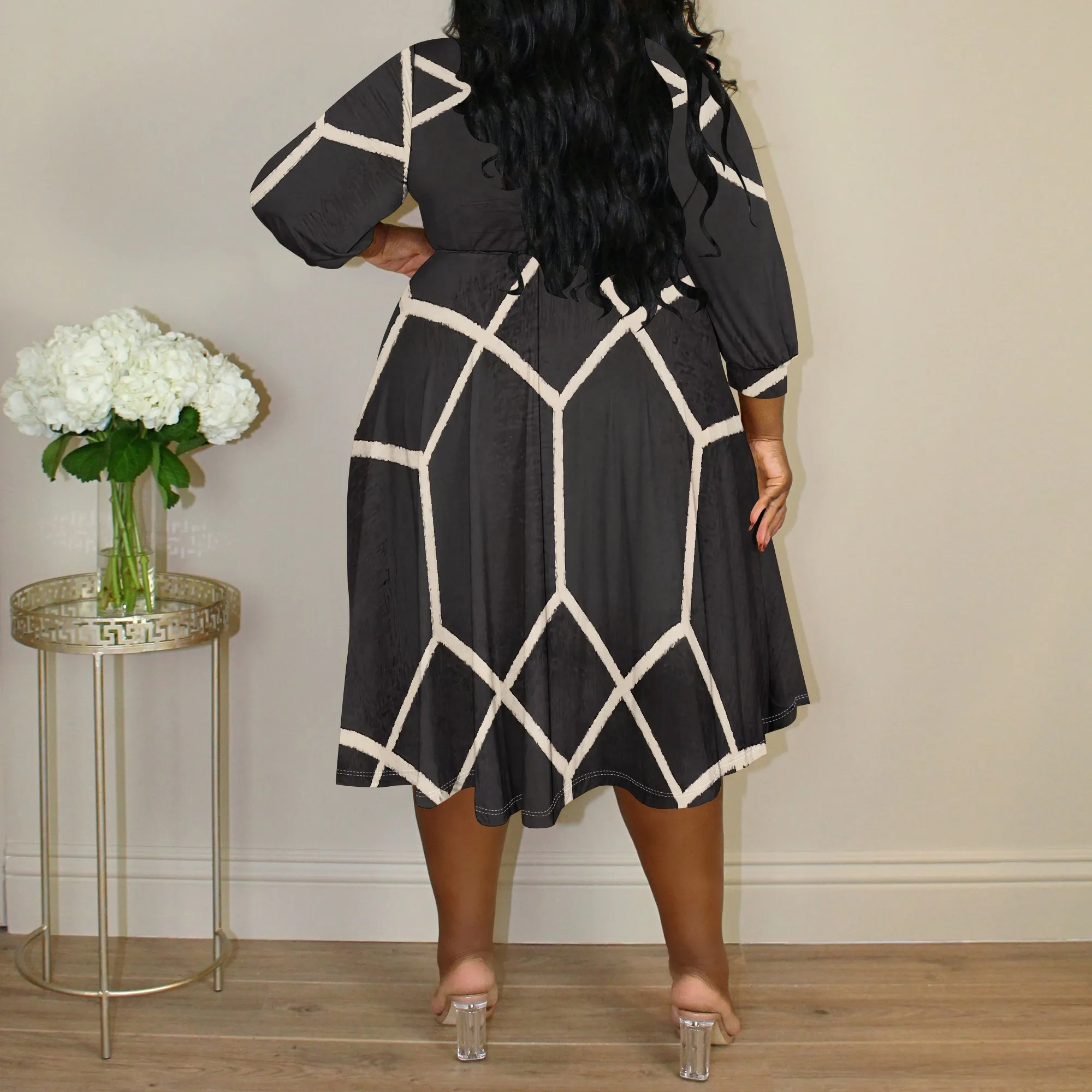 Women's Plus Size Geometric Print Wrap Dress - V-Neck 3/4 Sleeve Black White Casual Office Midi Dress XL-6XL