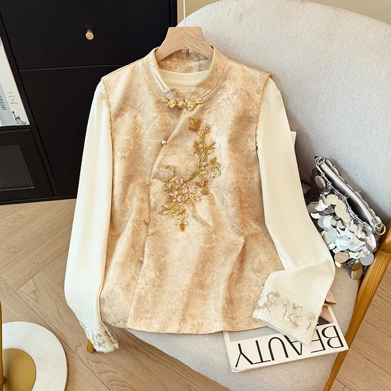 New Chinese Style Heavy Embroidery Women's Vest Autumn Season Stand Collar Versatile National Trend Layering Fashionable