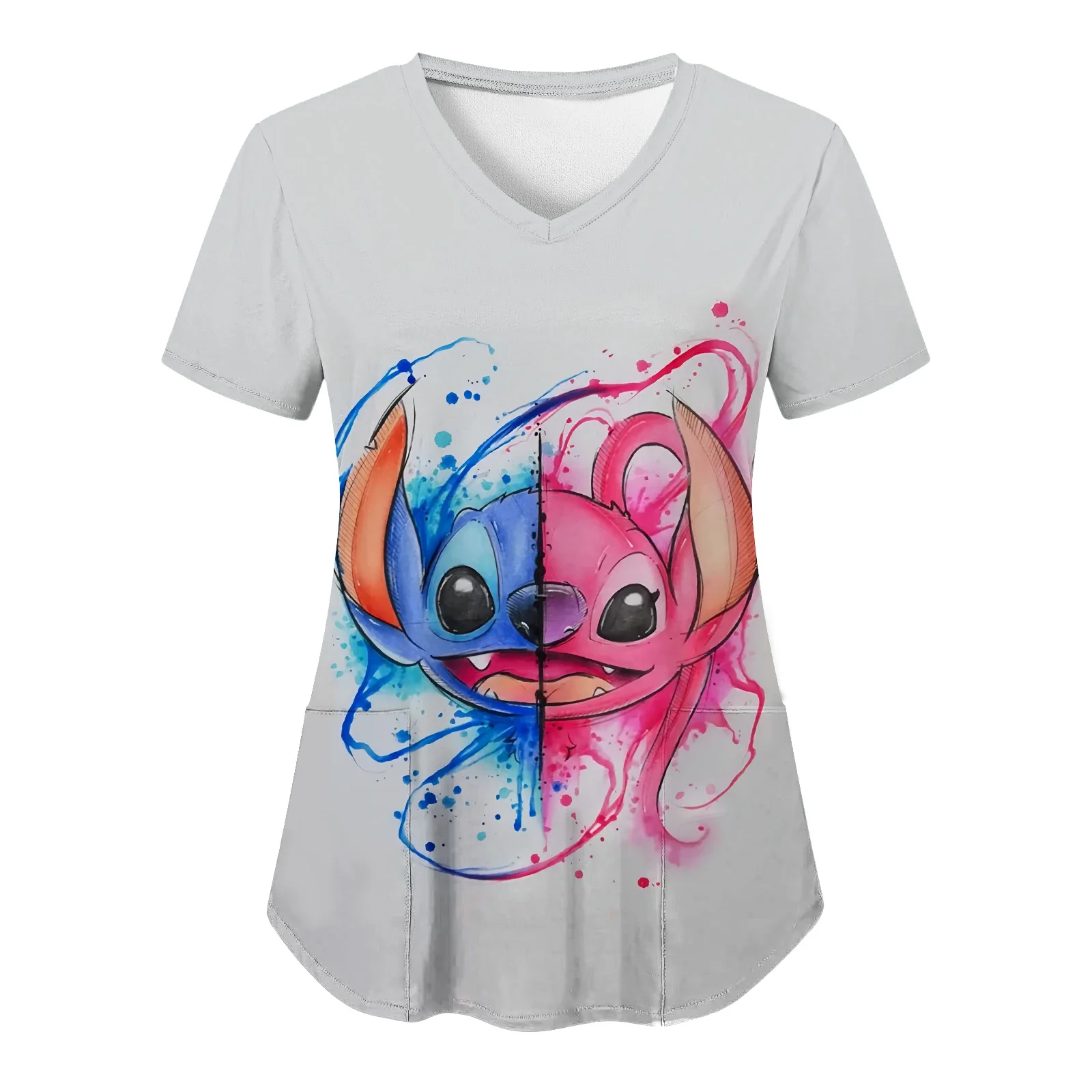 V Neck T-shirt Disney Top Women 2023 Nurse Uniform Shirts Summer Tops Pocket T-shirts Hospital Stitch Woman Clothes Tees Women's