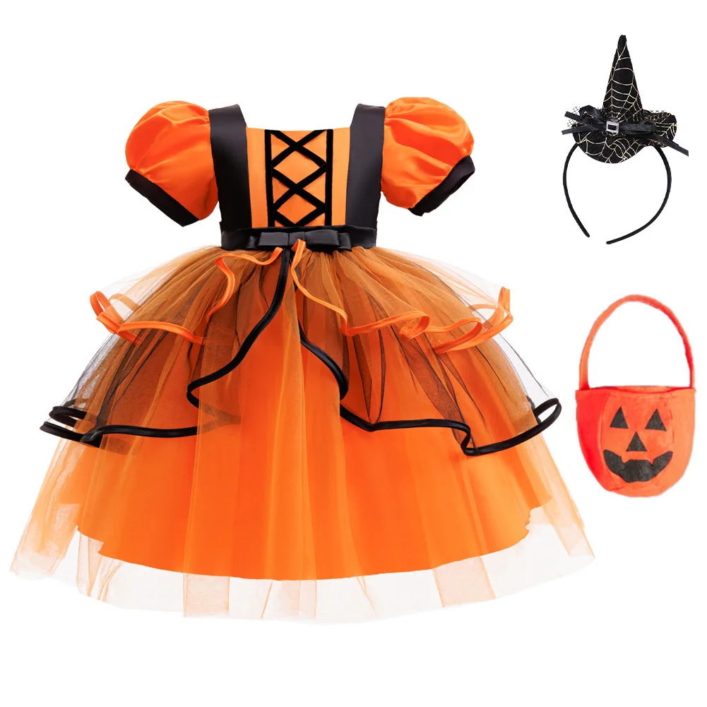 Girls Halloween Pumpkin Costume Puff Sleeve Tulle Dress+Bow Belt Headband +Pumpkin Candy Bag Trick or Treat Cosplay Party Outfit