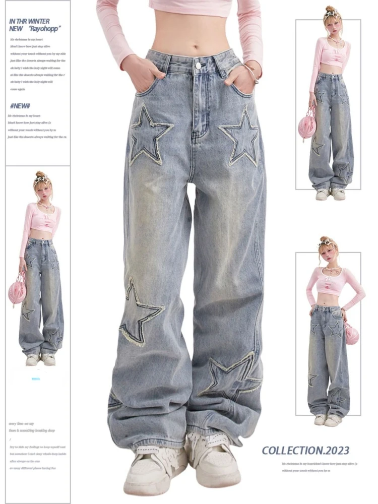 

HOUZHOU Y2K 90s Streetwear Star Jeans Women Vintage Distressed Blue Baggy Denim Pants American Retro Wide Trousers Korean Style