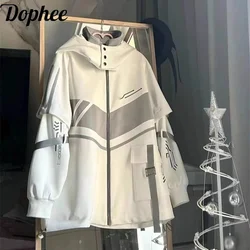Dophee Original Japanese Colorblock Sport Jacket Women Loose Mid-long Hooded Windbreaker Subculture Y2k Spring Cardigans Coat