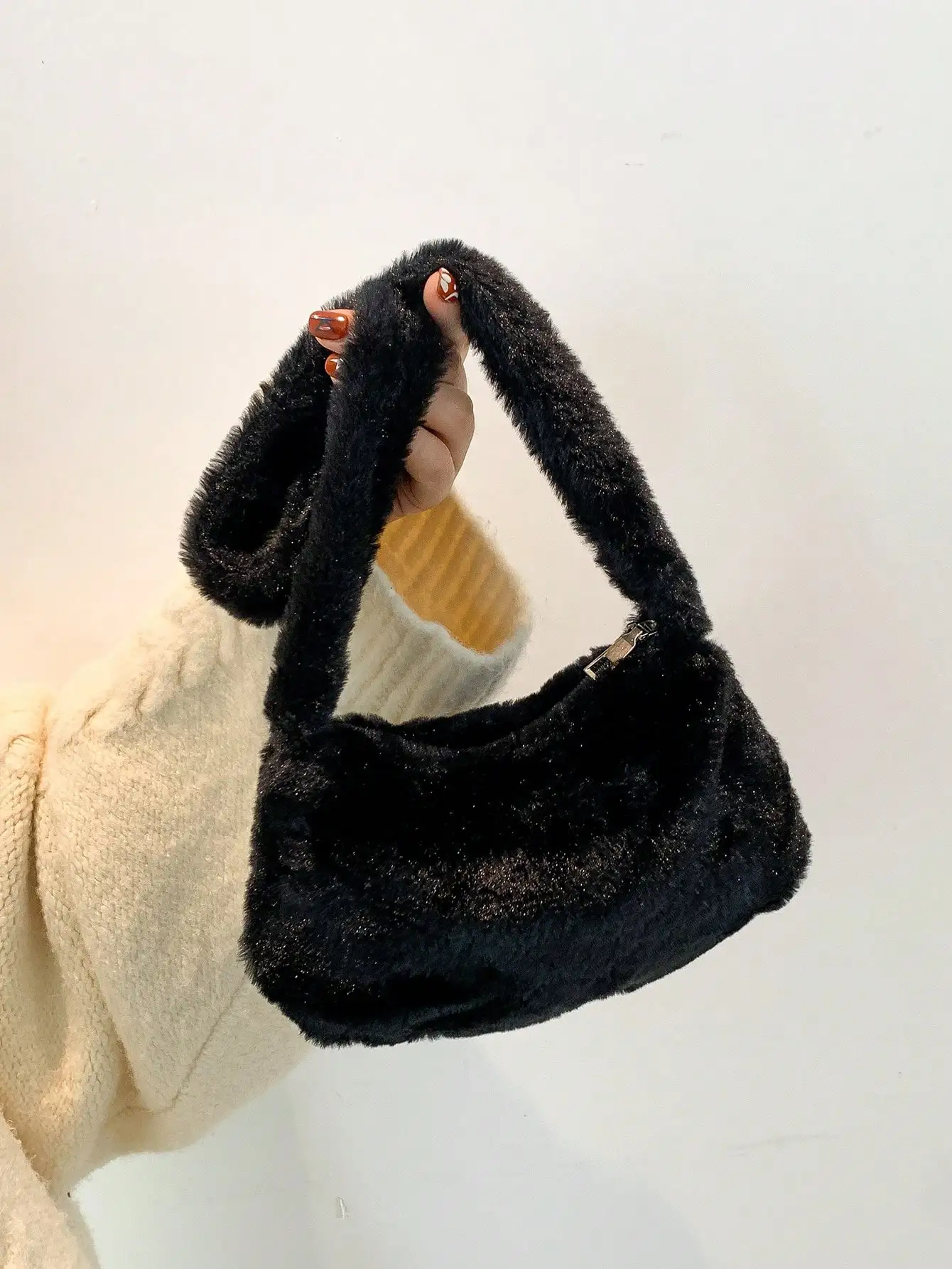 

Black Plush Top-Handle Bag for Women, Soft Fuzzy Shoulder or Handheld Purse, Autumn Winter Casual Style