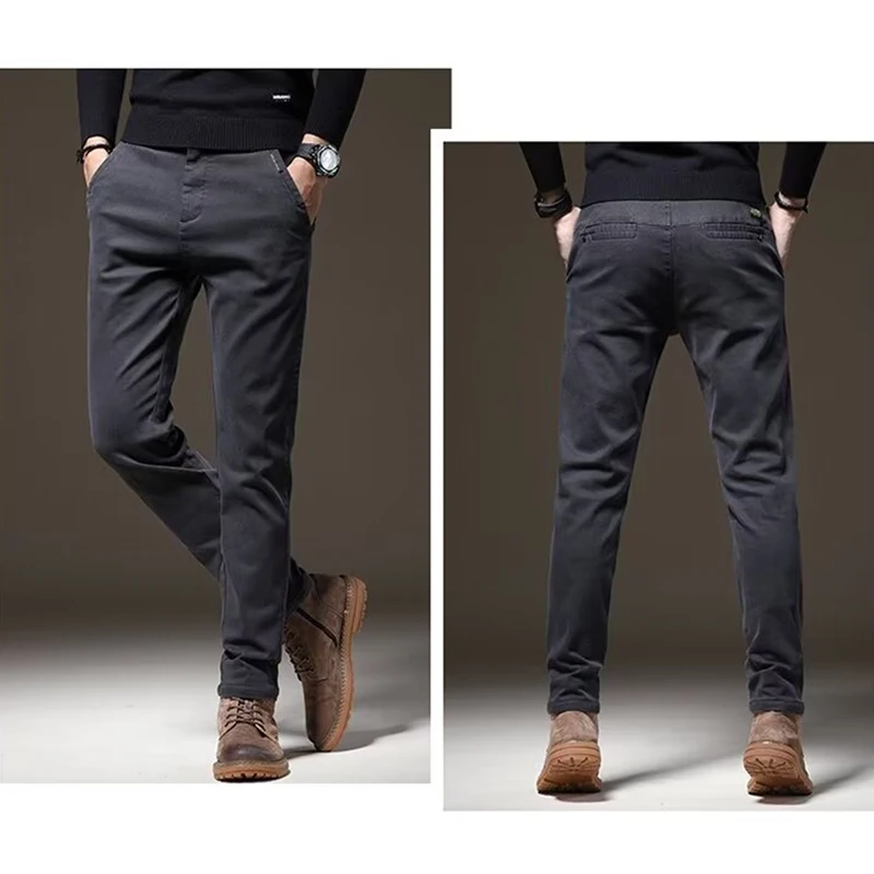 Autumn Winter Men\'s Elastic Straight Leg Thicken Pants Basic Streetwear Narrow Leg Casual Pants Daily High Waisted Trousers Male