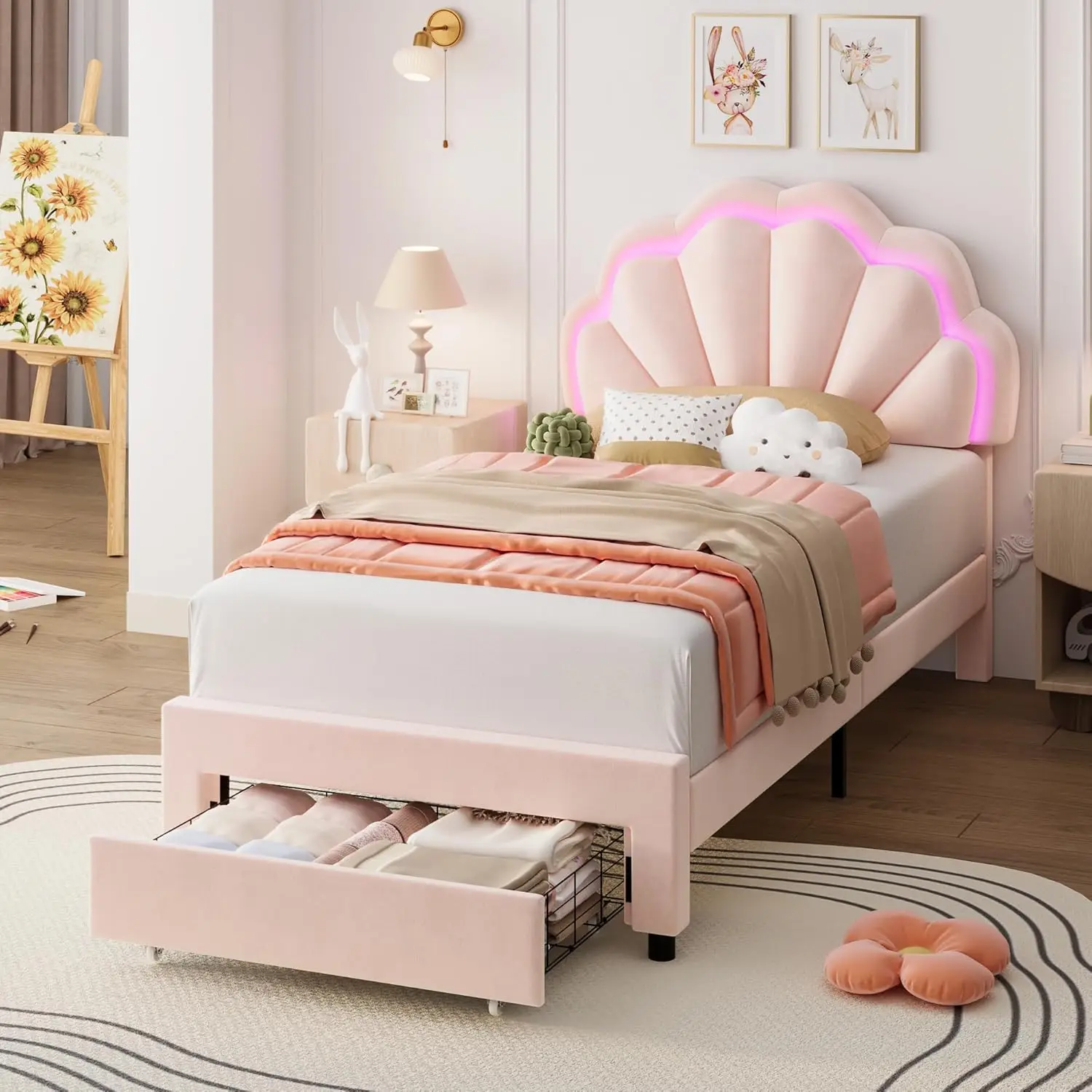 Marco de cama LED inteligente tapizado doble con cajón de almacenamiento y cabecero de doble pétalo elegante ajustable, cama de plataforma Princess para G