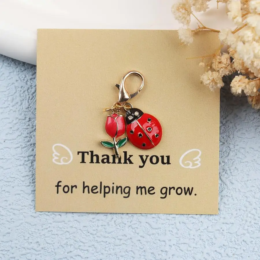 1/5/10/20/50/100pcs s/s Cute Mini Ladybug Tulip Keychain, with Thank You for Helping Me Grow Gift Card - Perfect for Teachers, F
