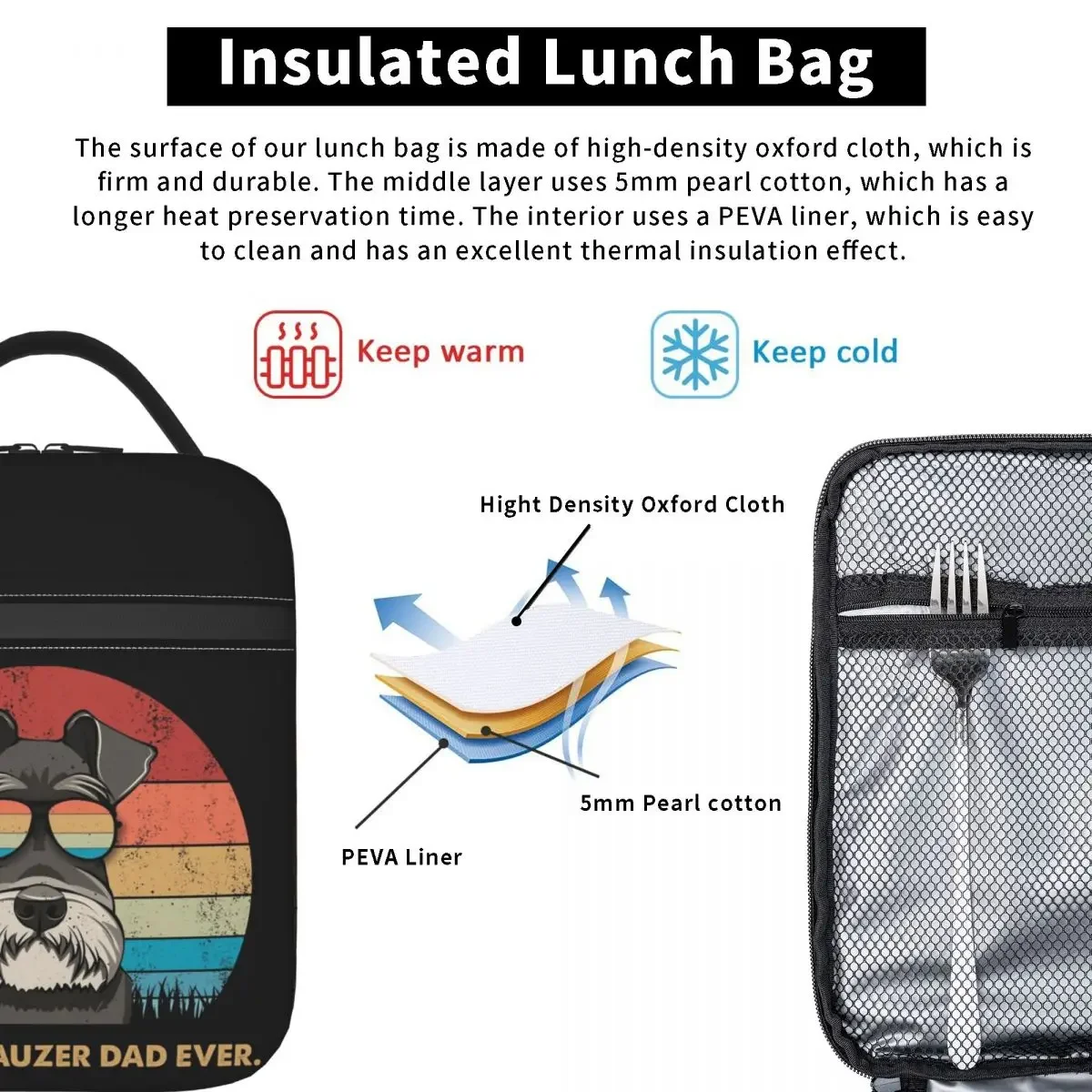 Best Schnauzer Dad Ever Insulated Lunch Bag for Women Kids Portable Food Boxes Thermal Lunch Box Tote