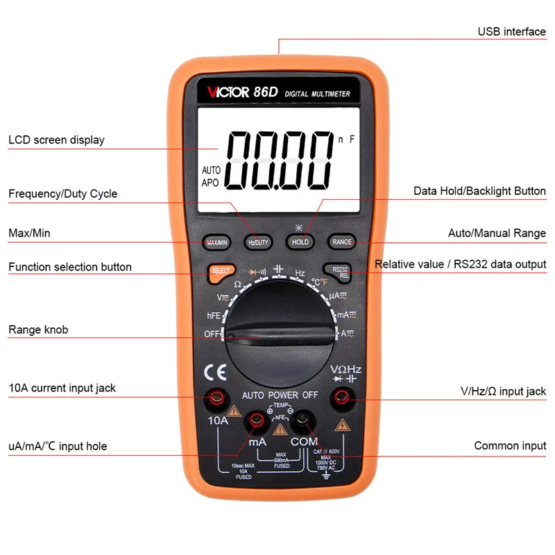 Victor 86 Digital Multimeter 22000 Counts Auto Range AC/DC Temperature Frequency Capacitor USB Tester Connect Transfer Polymeter