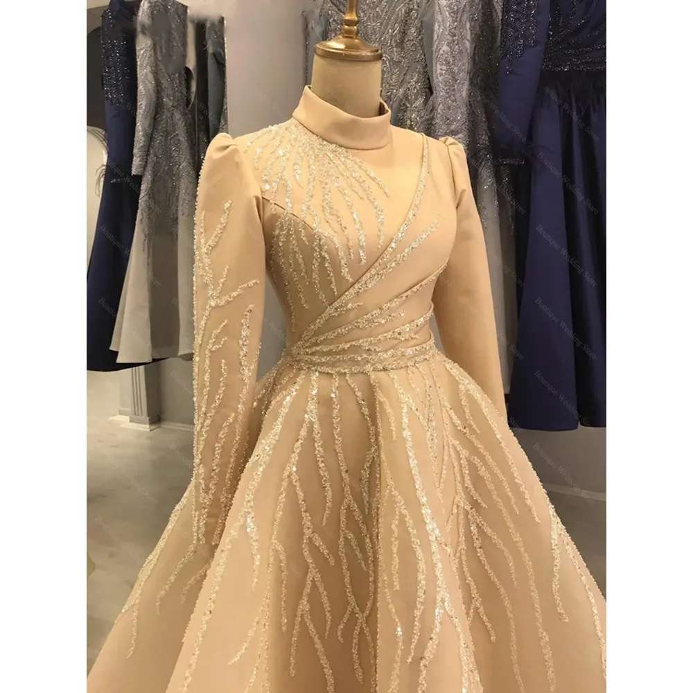 Luksusowe suknie wieczorowe w kolorze szampana eleganckie koraliki na szyję cekinowe suknie na bal maturalny moda drapowana do kostek sukienki w kształcie litery A