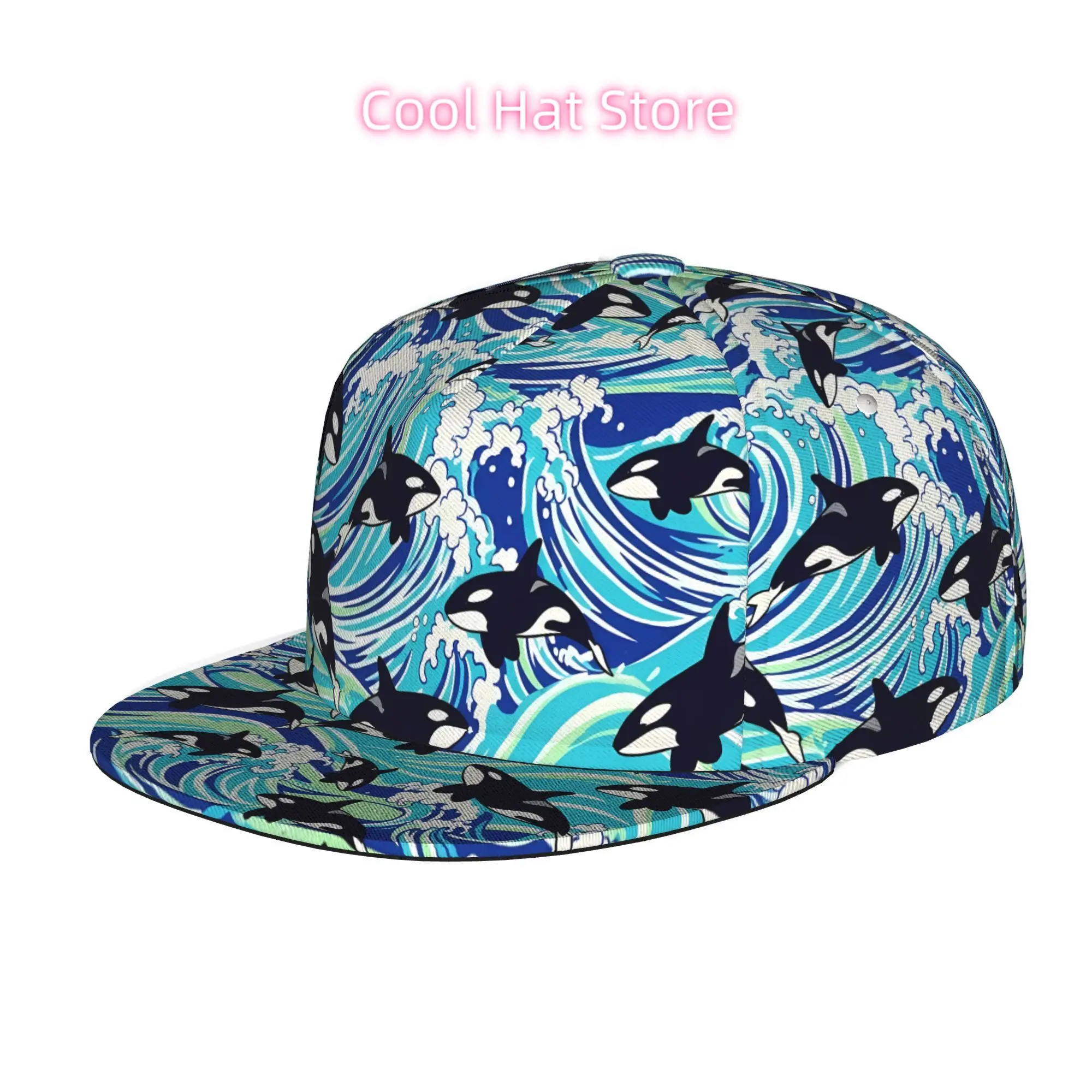 Orca Wave Theme And Unisex Flat Brim Baseball Cap, Hip Hop Streetwear Snapback Trucker Hat Suitable for Skateboarding, Dance, An