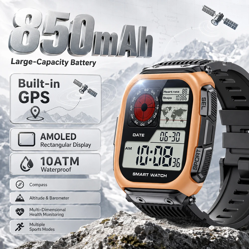 New 850mAh Battery SmartWatch BUILT-IN GPS Compass Tracker 10ATM Waterproof Heart Rate Flashlight AMOLED Screen Smart Watch Men