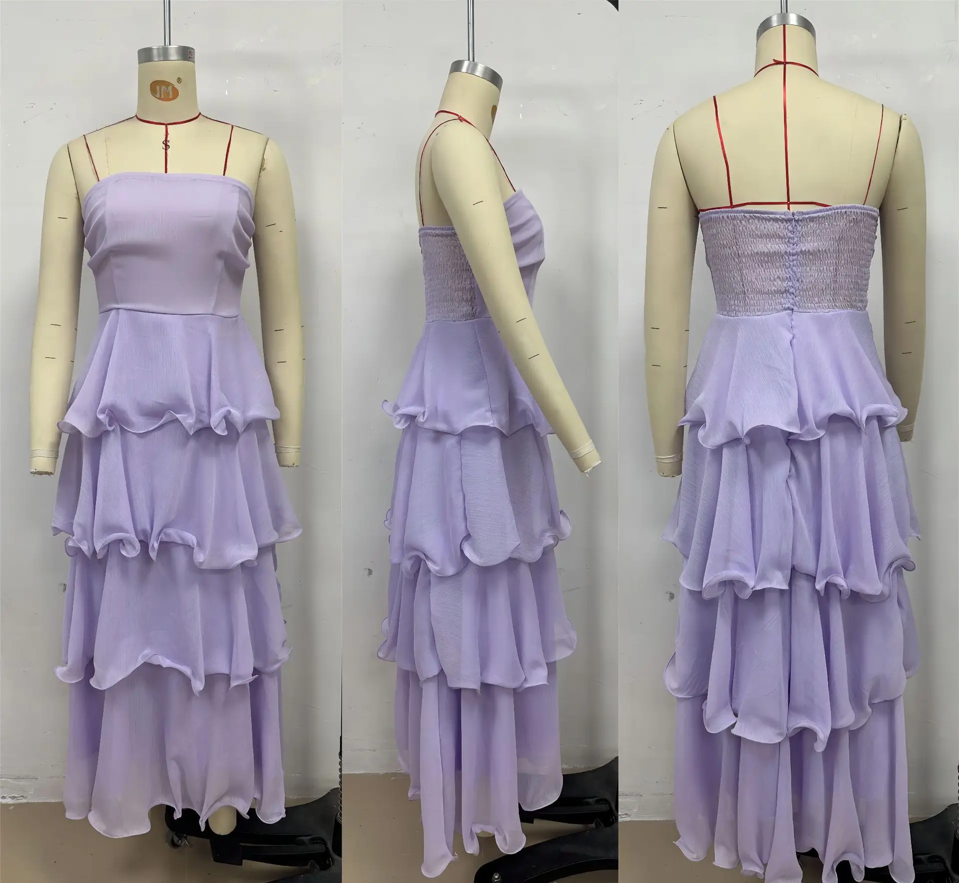 Vestido longo de verão em camadas sem alças de cor sólida doce