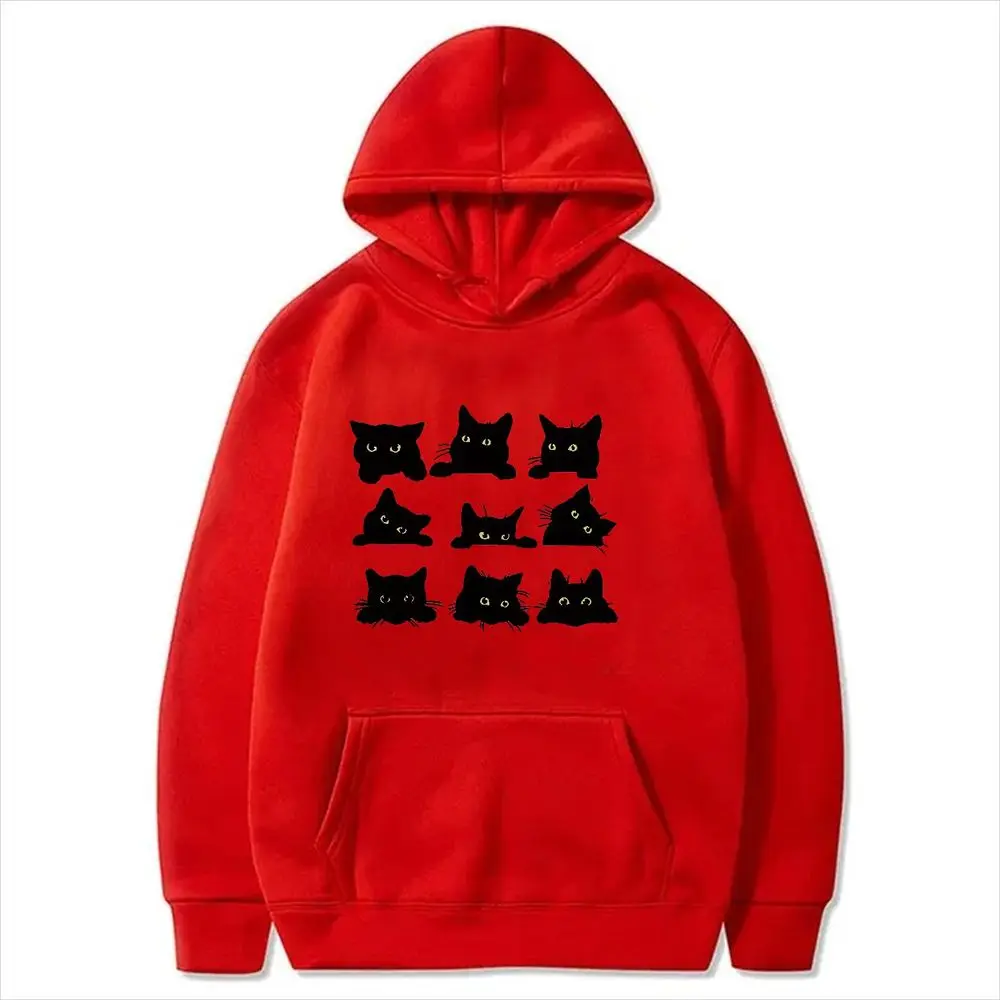 Cute Black Cats Pattern Hooded Sweatshirt Women Long Sleeve Pullover Aesthetic Korean Style Autumn Winter Funny Graphic Hoodies
