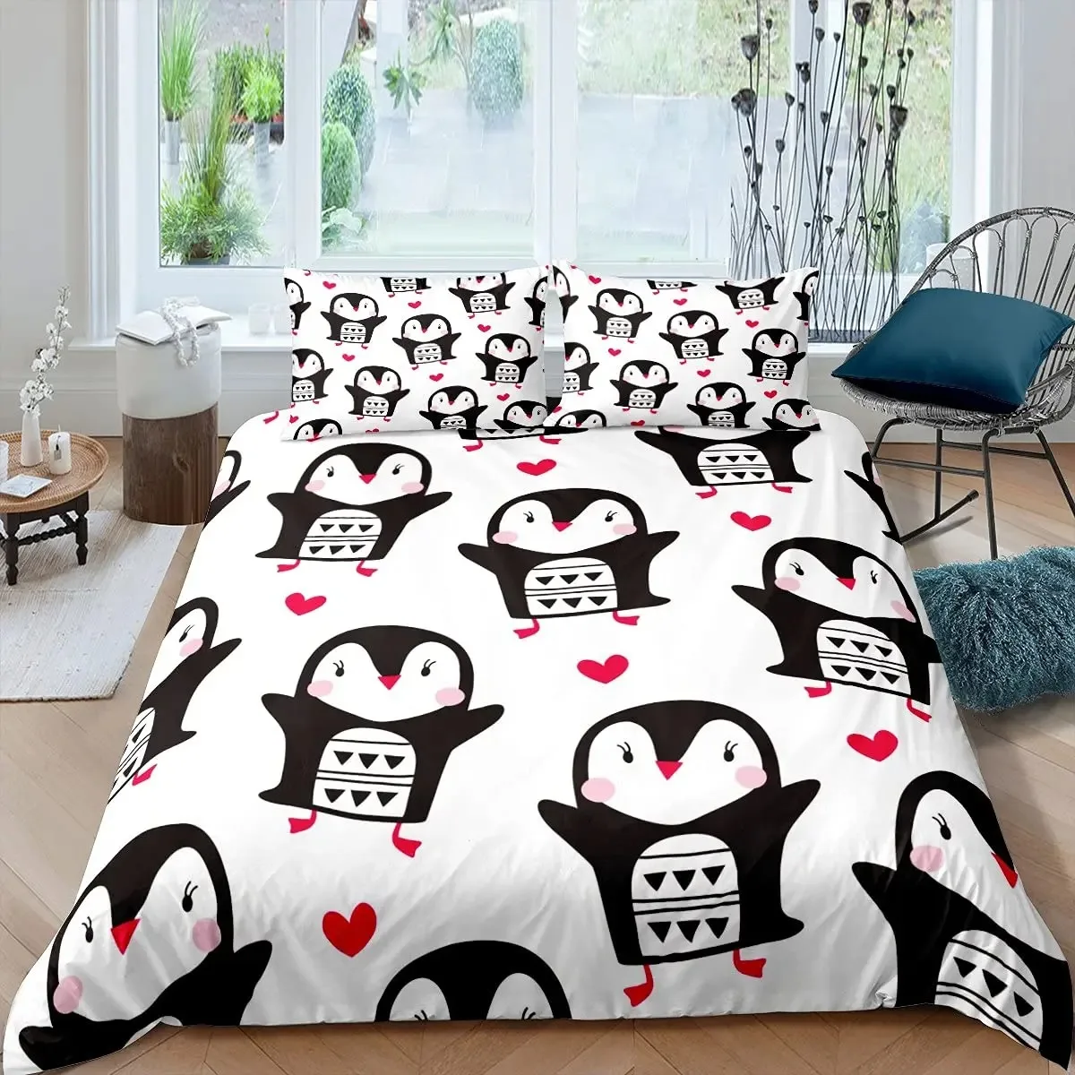 Penguin Duvet Cover Set Antarctic Animals Bedding Set For Kids Boys Girls Cartoon Style King Size Winter Theme Comforter Cover