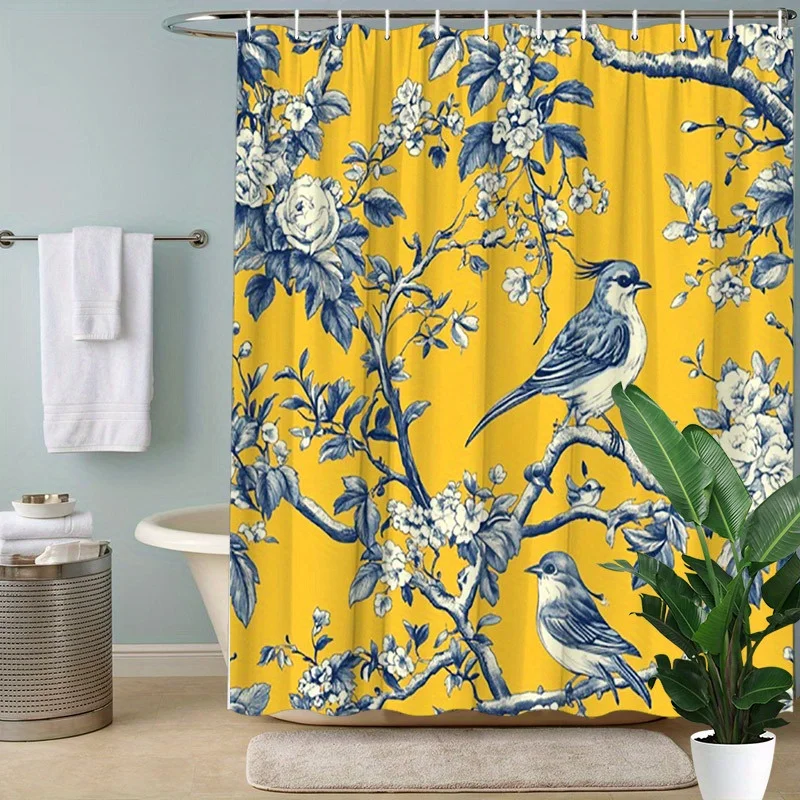 Bluebird on Blossoming Branch Shower Curtain - Water-Resistant, Easy to Clean, Adds a Vibrant and Nature-Inspired Touch to Your