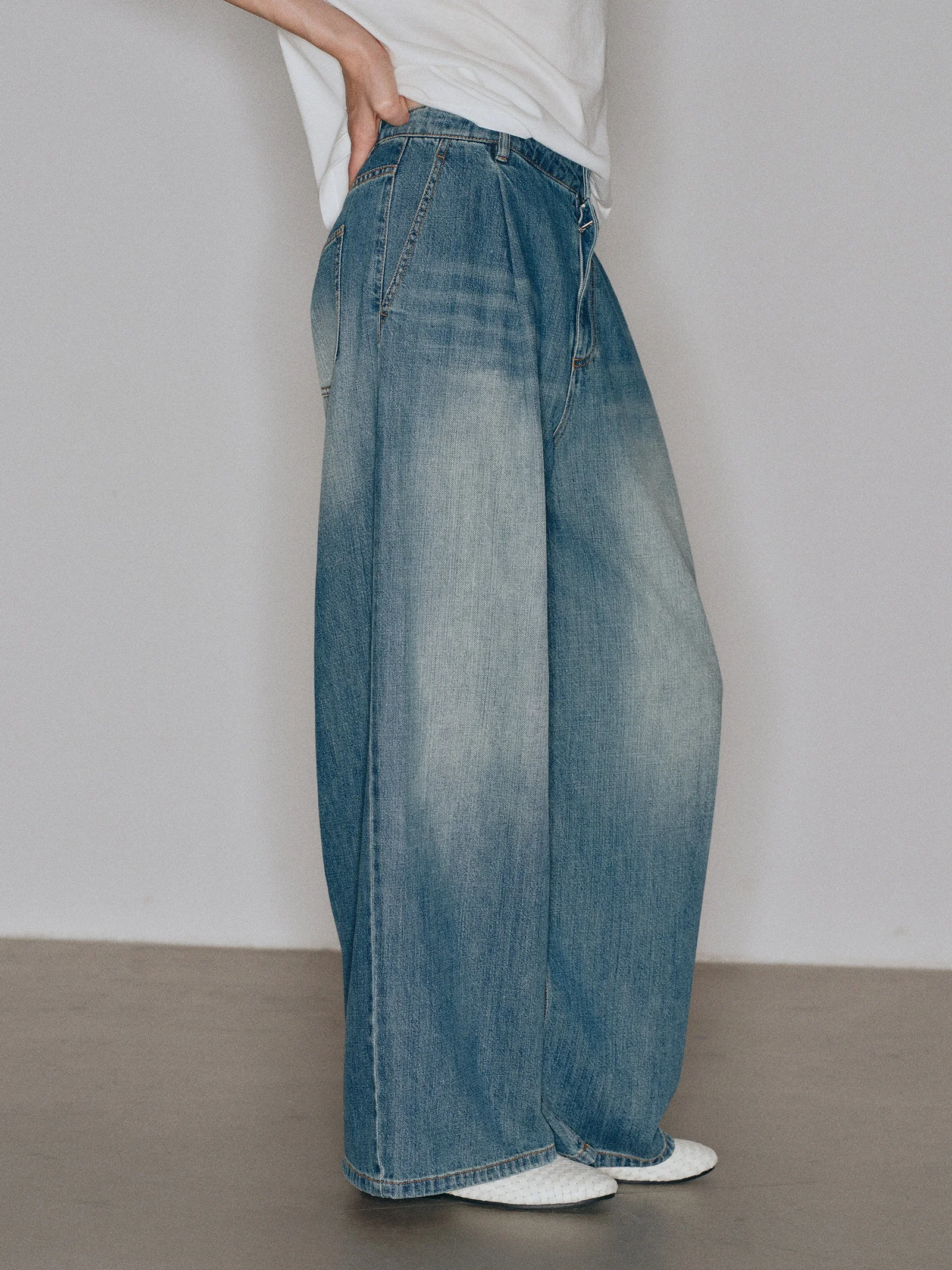 

Fashionable Wide Leg Straight Leg Jeans Cotton Harbor Style Loose Fit Low Waist Summer Denim Jeans for Ladies Washed Effect