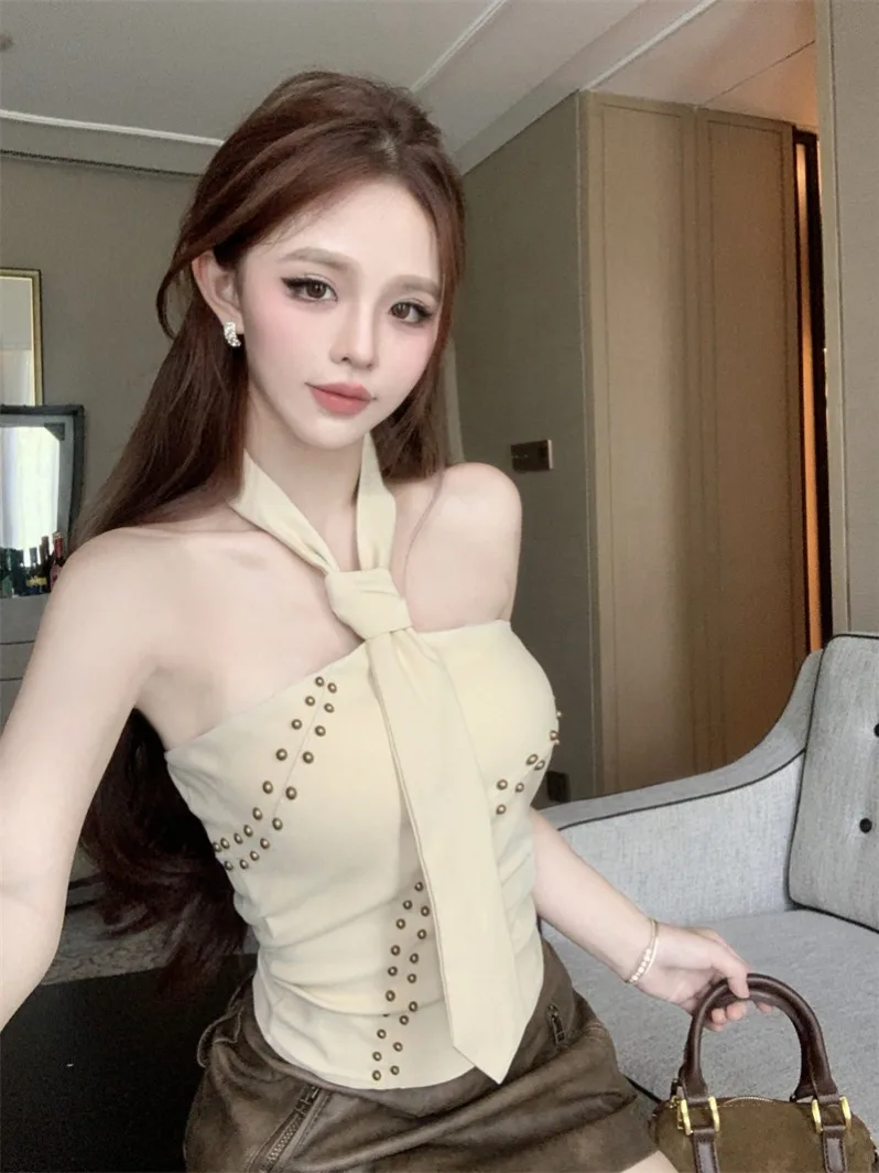 

2025 Summer Women T Shirt Sexy Strapless Crop top Halter Neck Sleeveless Rivet Short Shirt