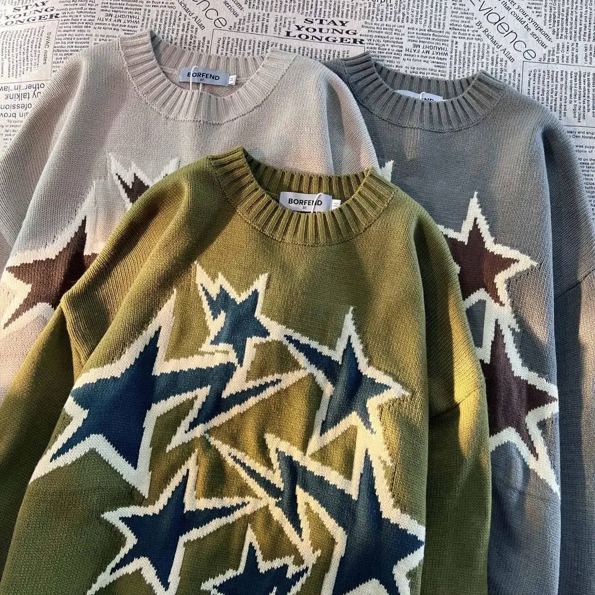 Amerikaanse Retro High Street Star Trui Mannen Vrouwen Winter Nieuwe Losse Koreaanse Versie Van De Luie Wind Gebreide Jas Pullover Tops