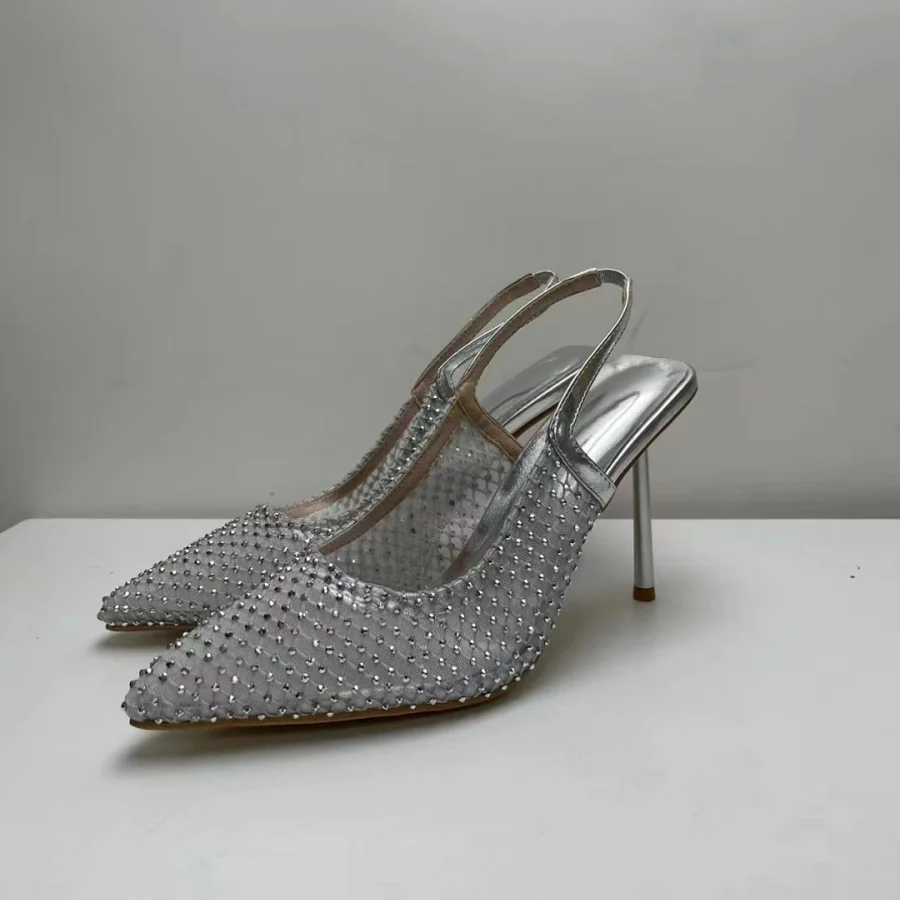 

Женские босоножки с сетчатым верхом и стразами, розовые/черные, с острым носком, на шпильке, с вырезами, для вечеринок, размер 43