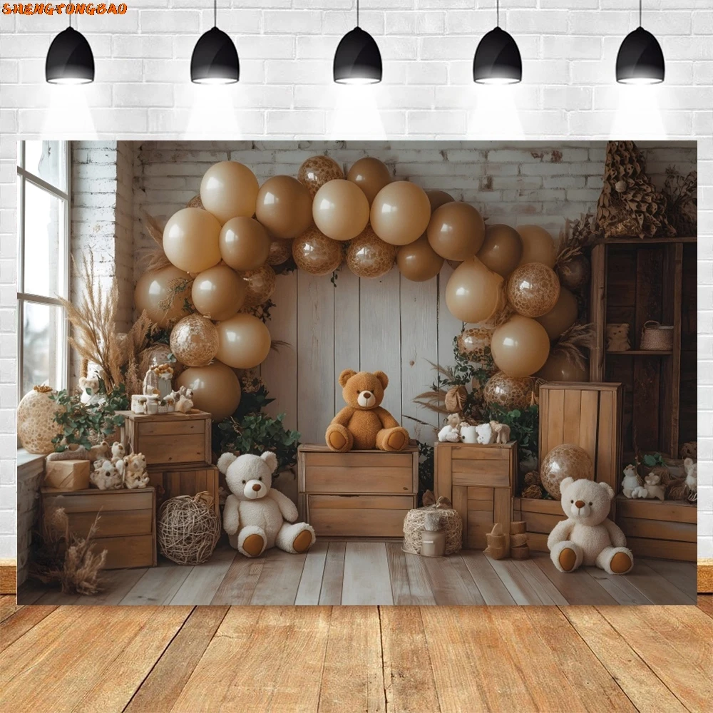 Boho สไตล์หมี Arch บอลลูนการถ่ายภาพพื้นหลังเด็กวันเกิดเค้ก Smash Portrait Decor ฉากหลัง Photo Studio Props